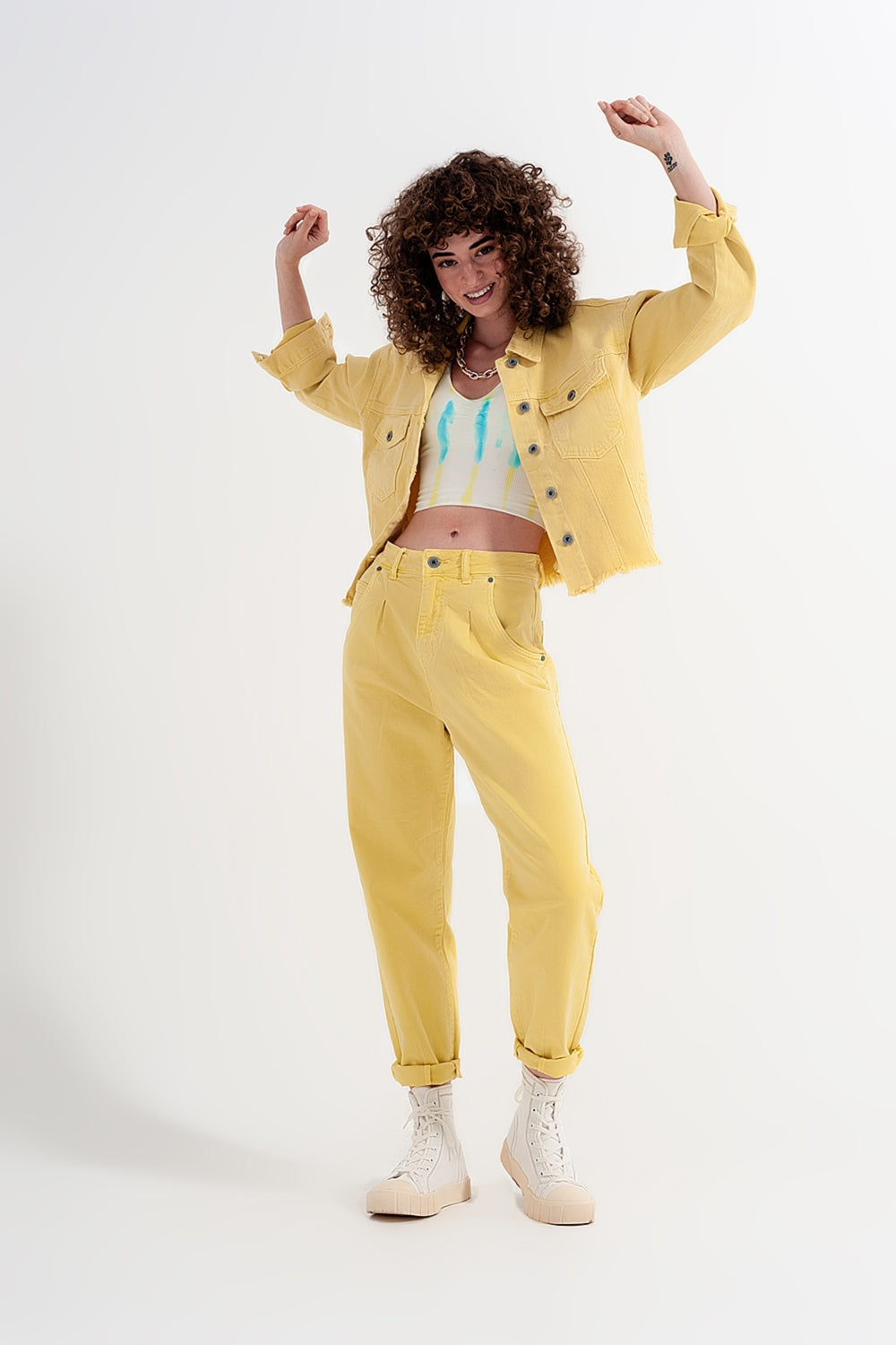 High rise mom jeans with pleat front in yellow | Just Cool Beans