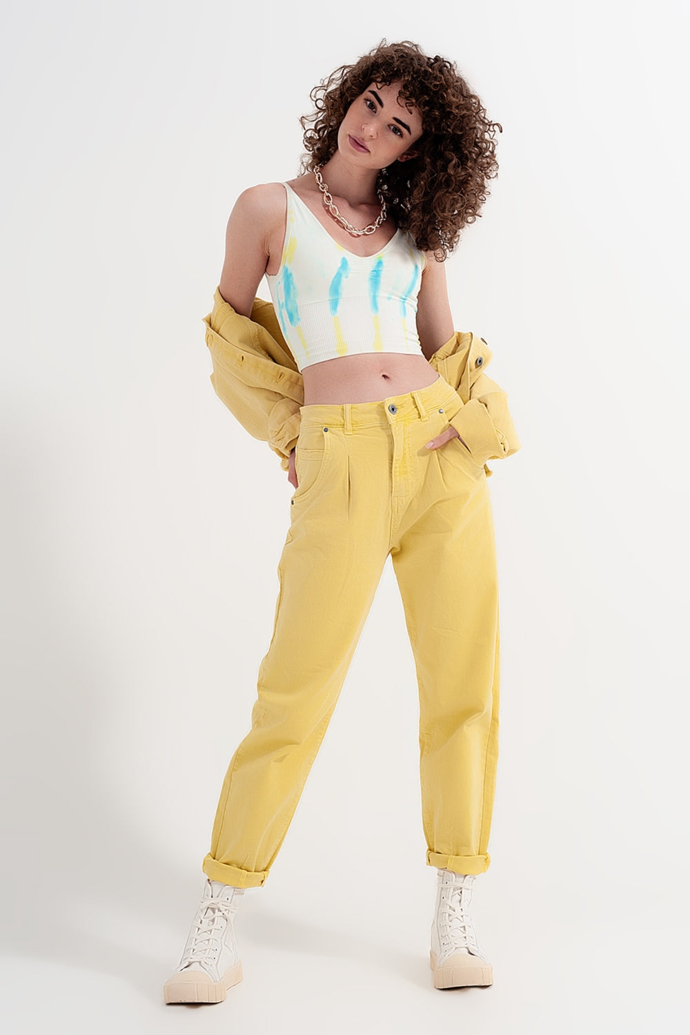 High rise mom jeans with pleat front in yellow | Just Cool Beans