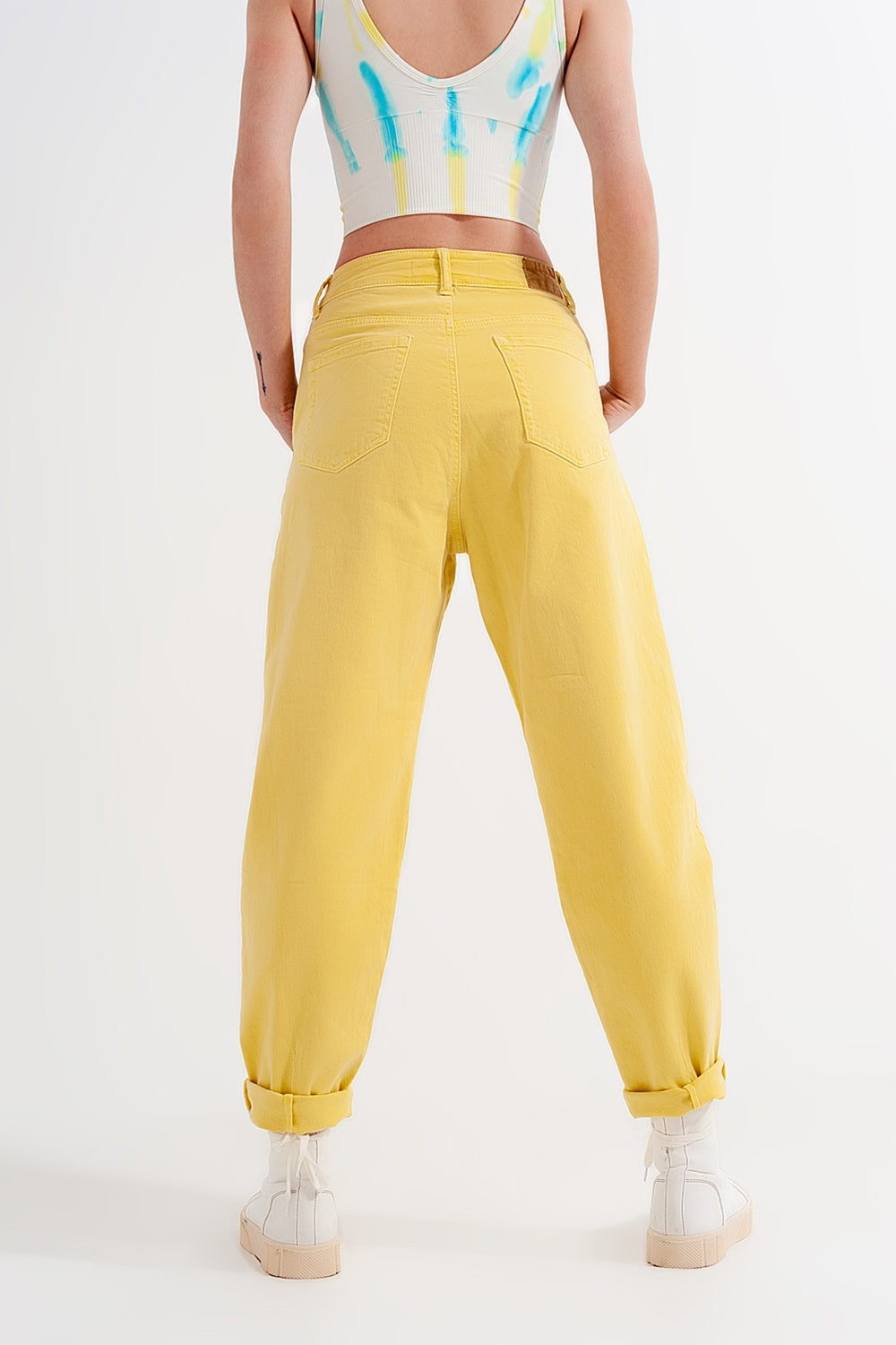 High rise mom jeans with pleat front in yellow | Just Cool Beans
