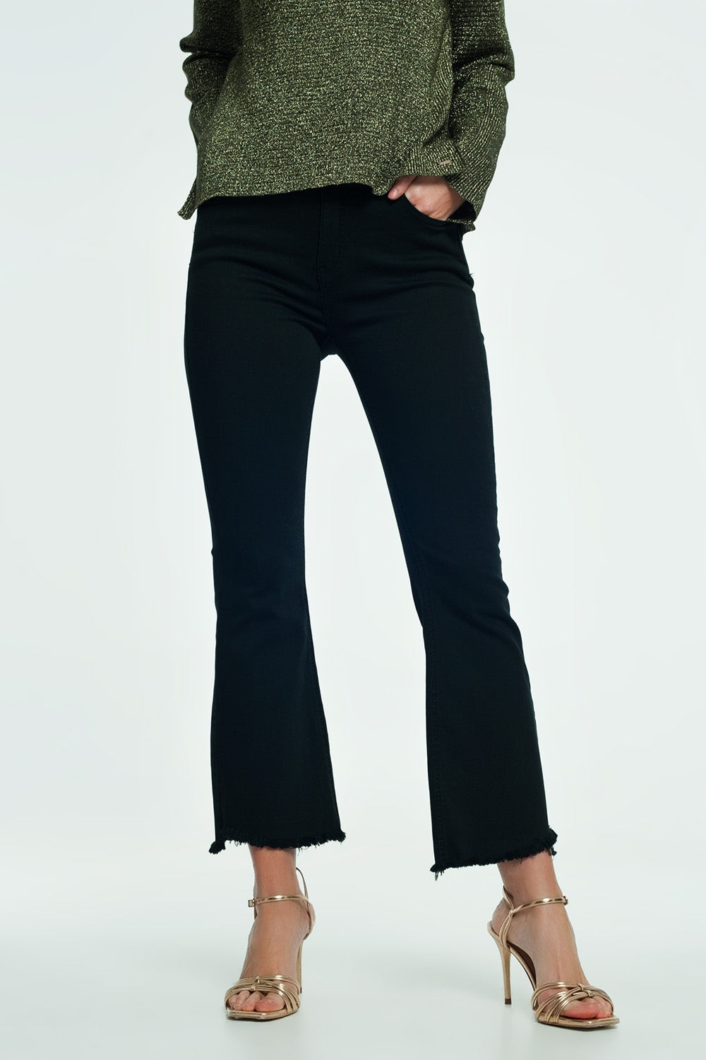 High rise raw hem flared jeans in black | Just Cool Beans — jeans | the denim shop