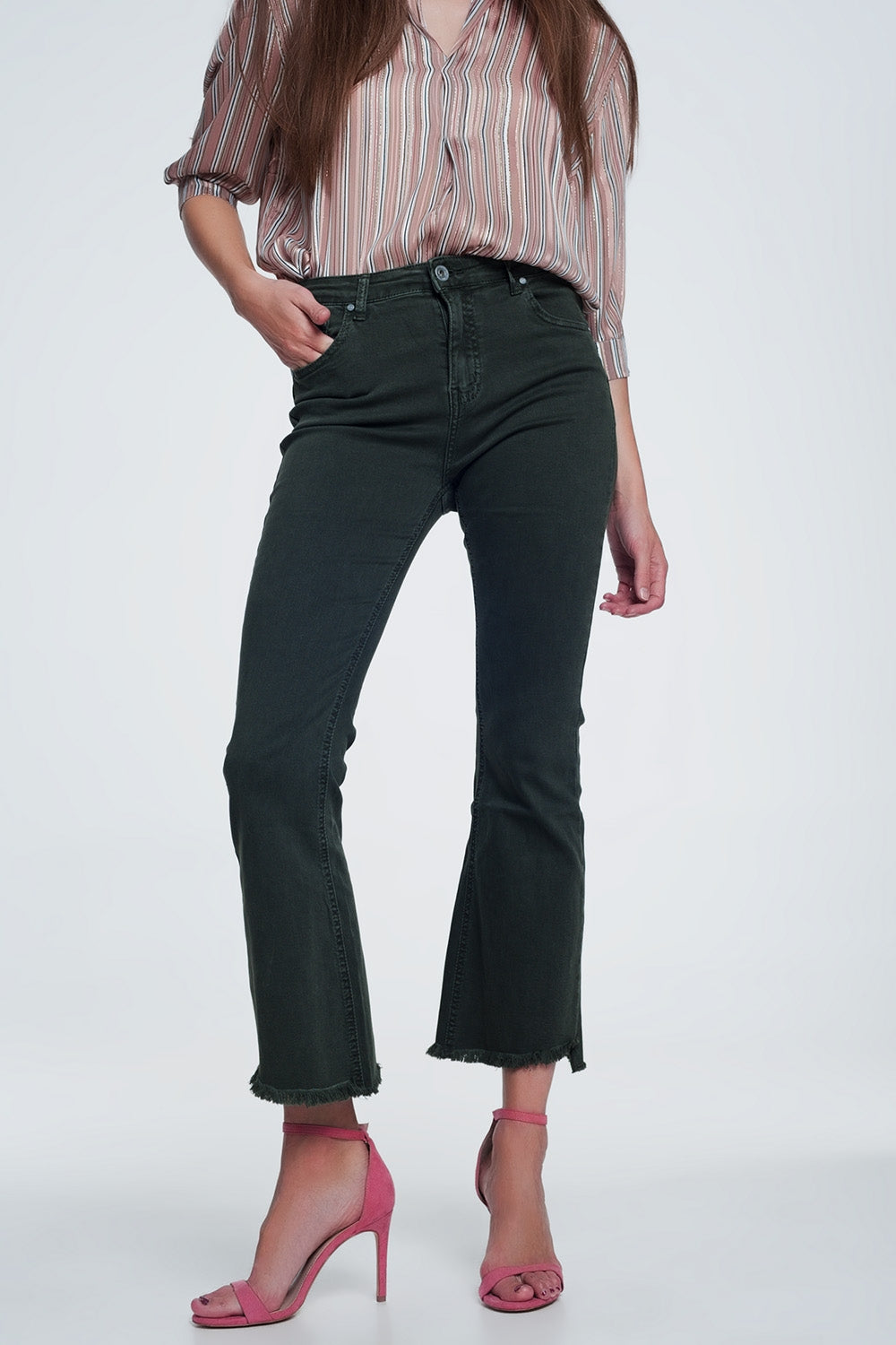 High rise raw hem flared jeans in khaki | Just Cool Beans — jeans | the denim shop