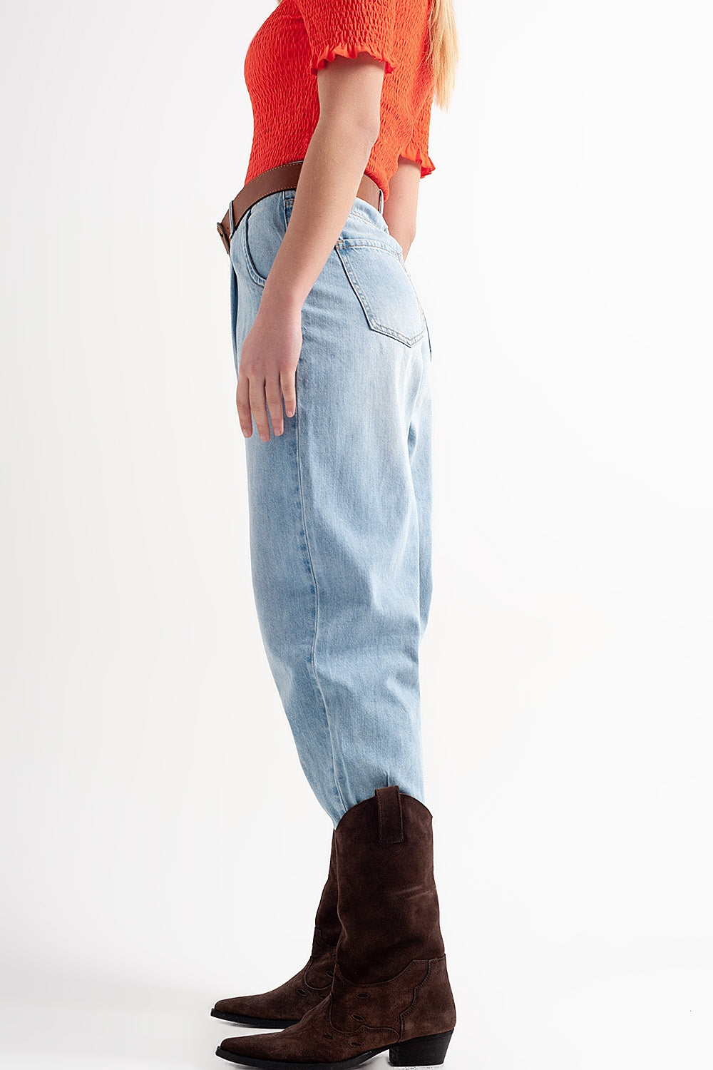 High rise relaxed jeans with pleat front in bleach wash | Just Cool Beans