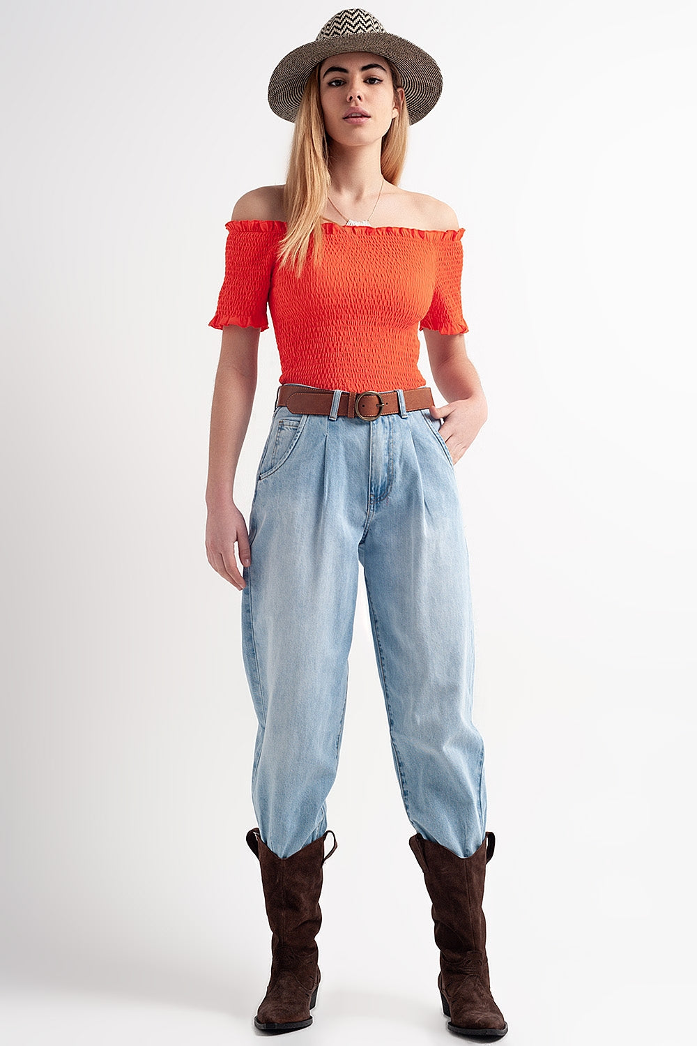 High rise relaxed jeans with pleat front in bleach wash | Just Cool Beans
