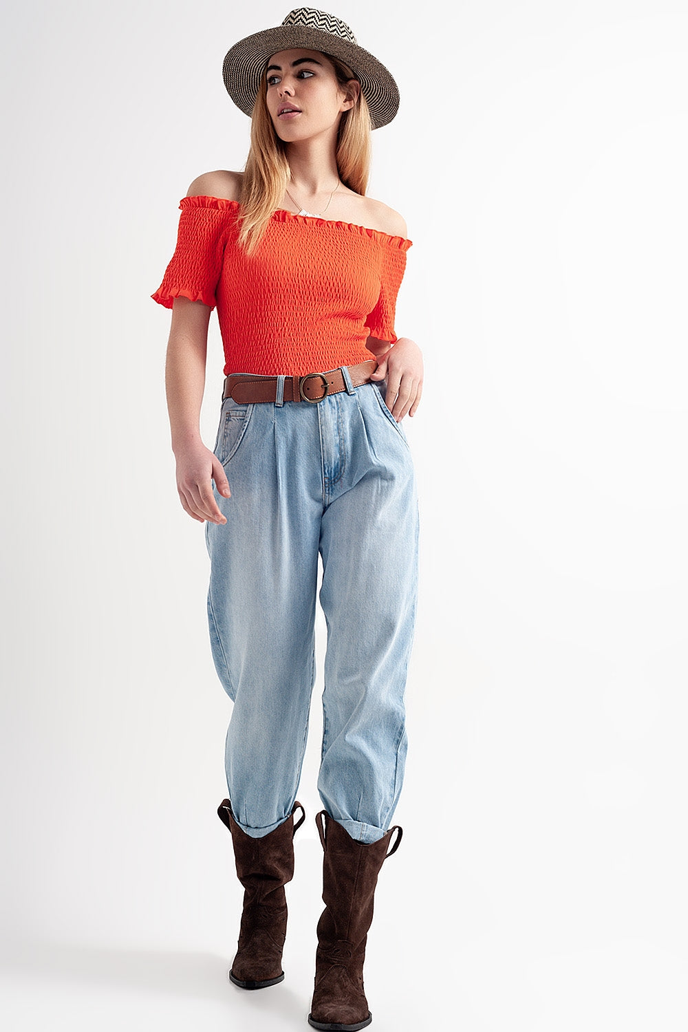 High rise relaxed jeans with pleat front in bleach wash | Just Cool Beans
