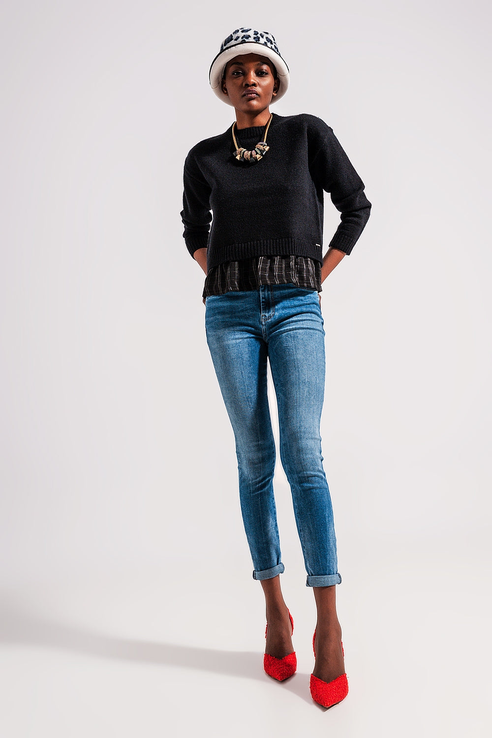 High waist elastic skinny jeans in mid blue | Just Cool Beans