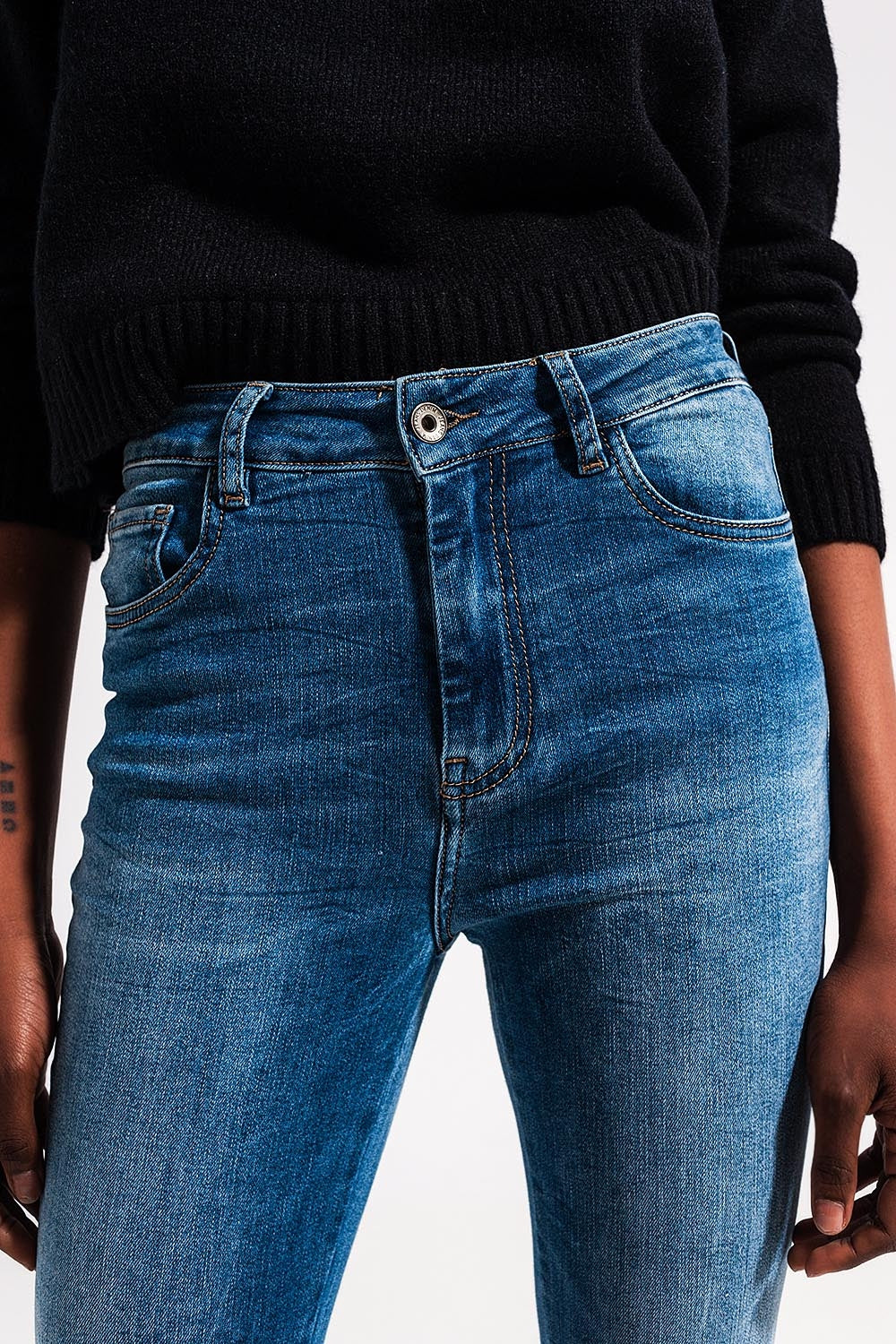 High waist elastic skinny jeans in mid blue | Just Cool Beans