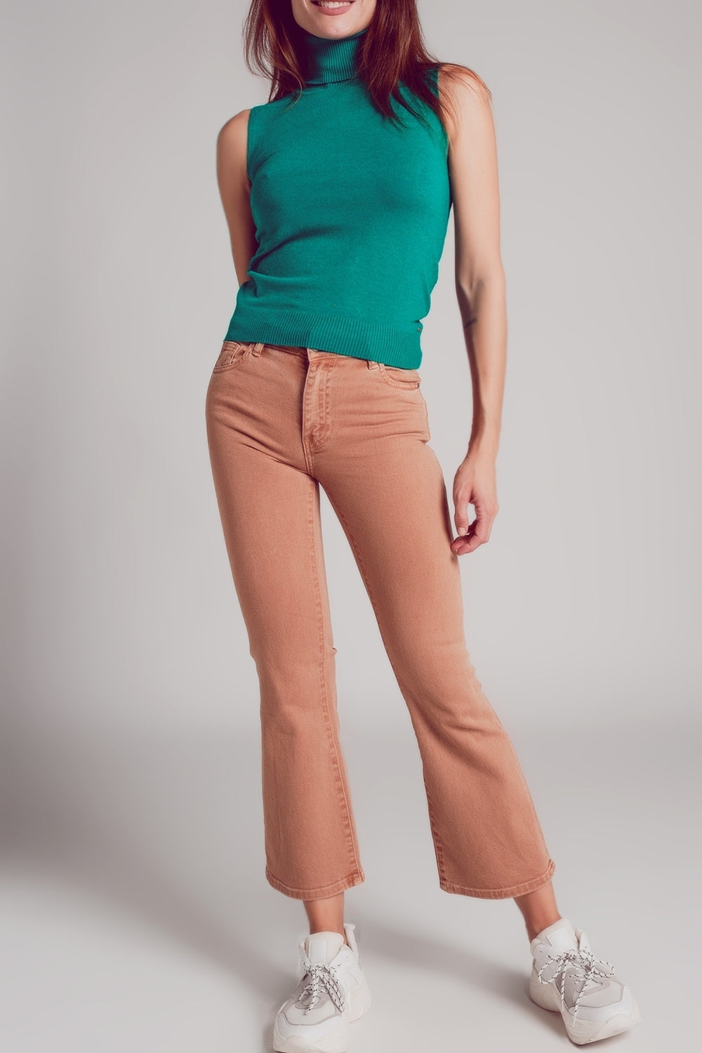 High waist flare jean in camel | Just Cool Beans