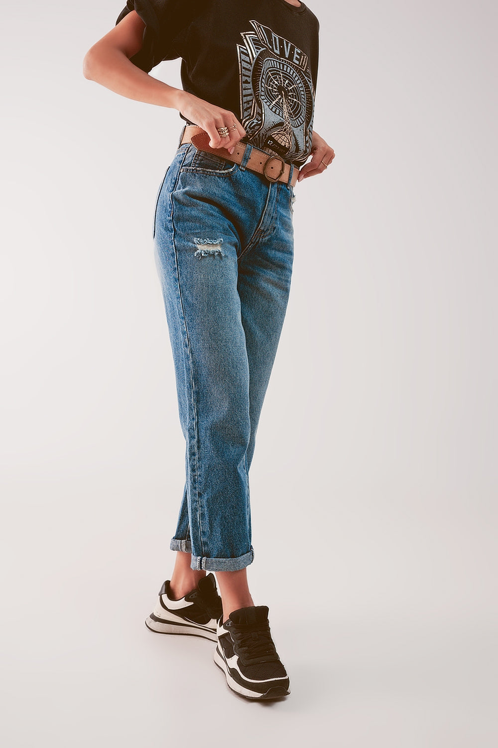 High waist jean with thigh slash in midblue | Just Cool Beans — jeans | the denim shop