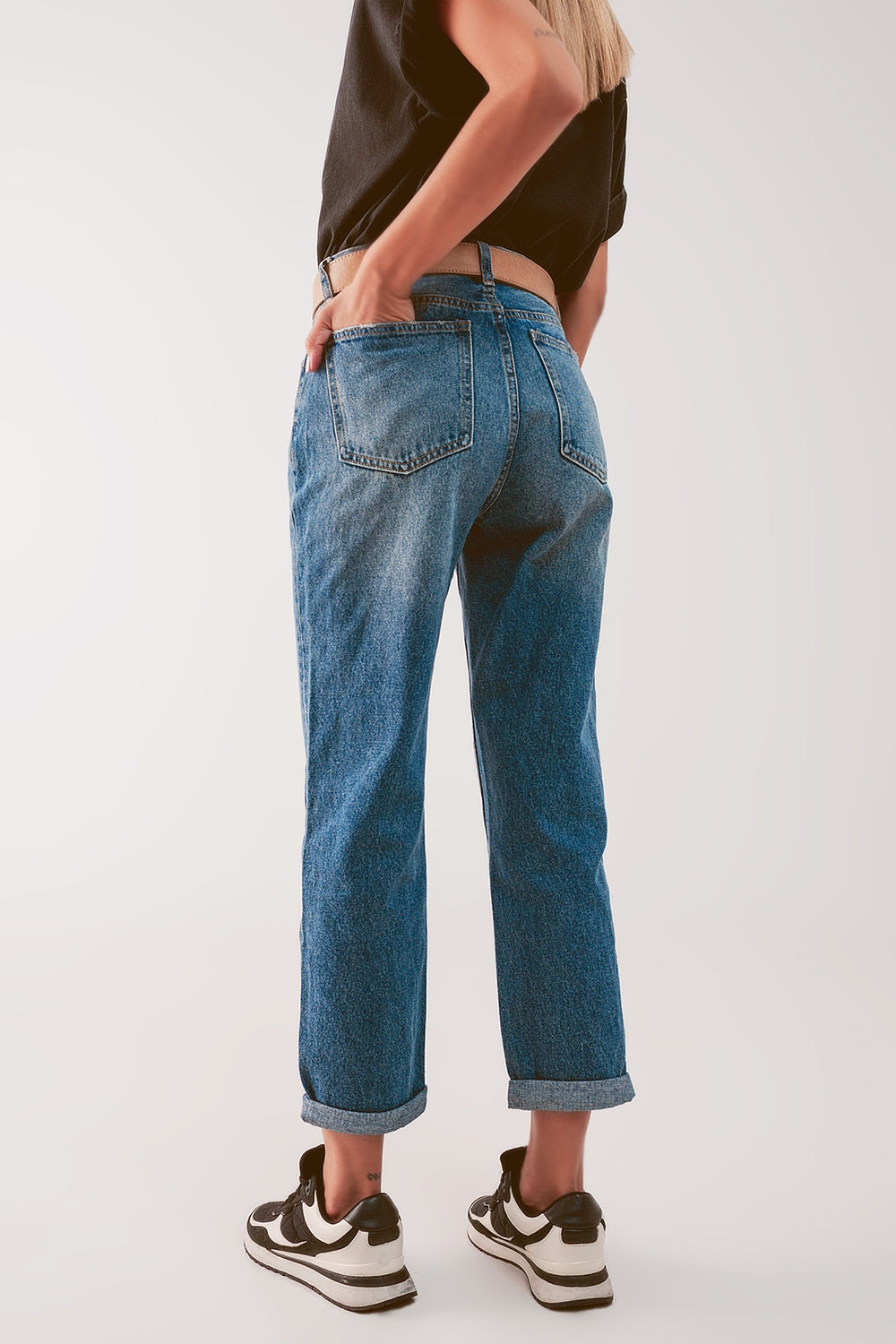 High waist jean with thigh slash in midblue | Just Cool Beans