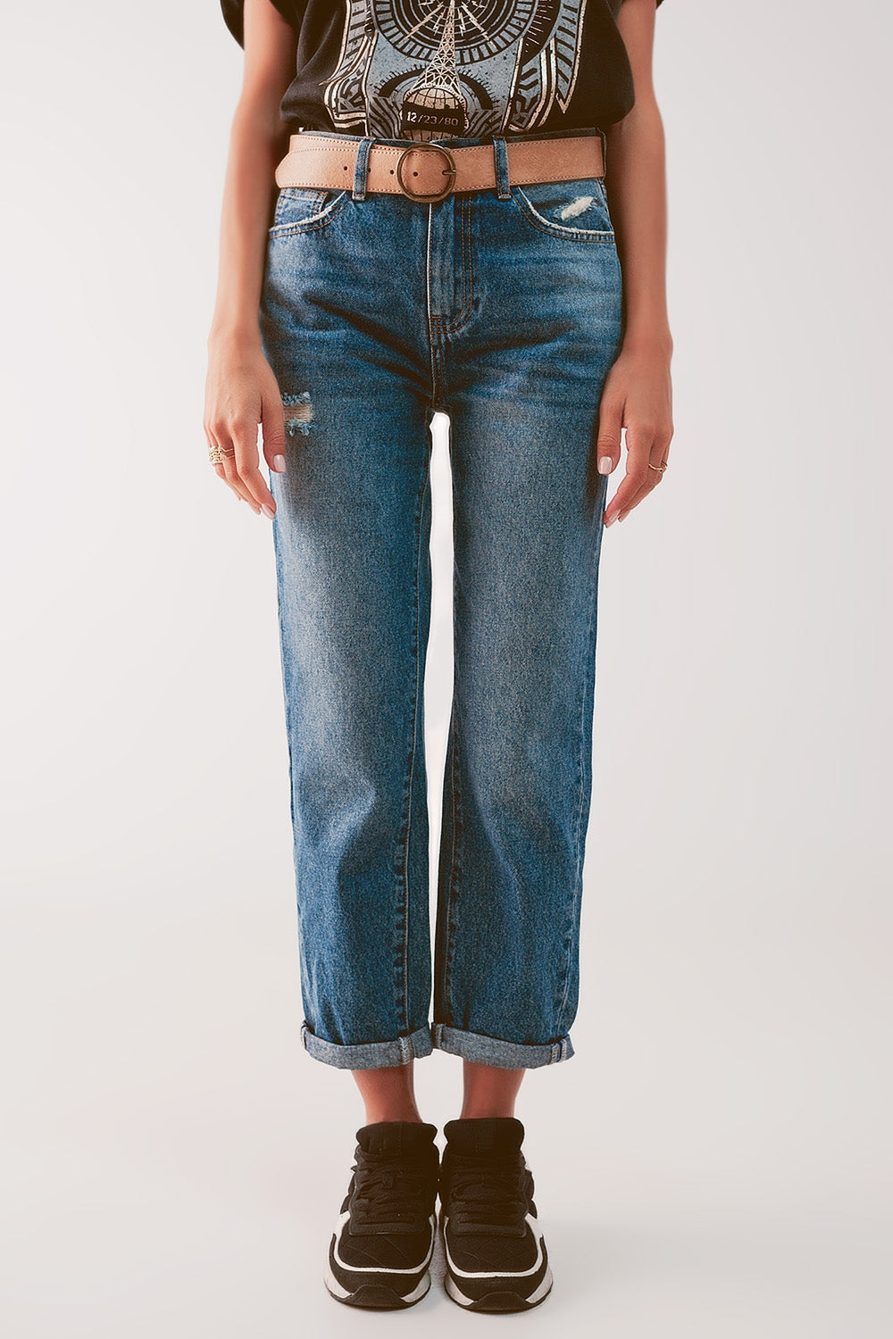 High waist jean with thigh slash in midblue | Just Cool Beans