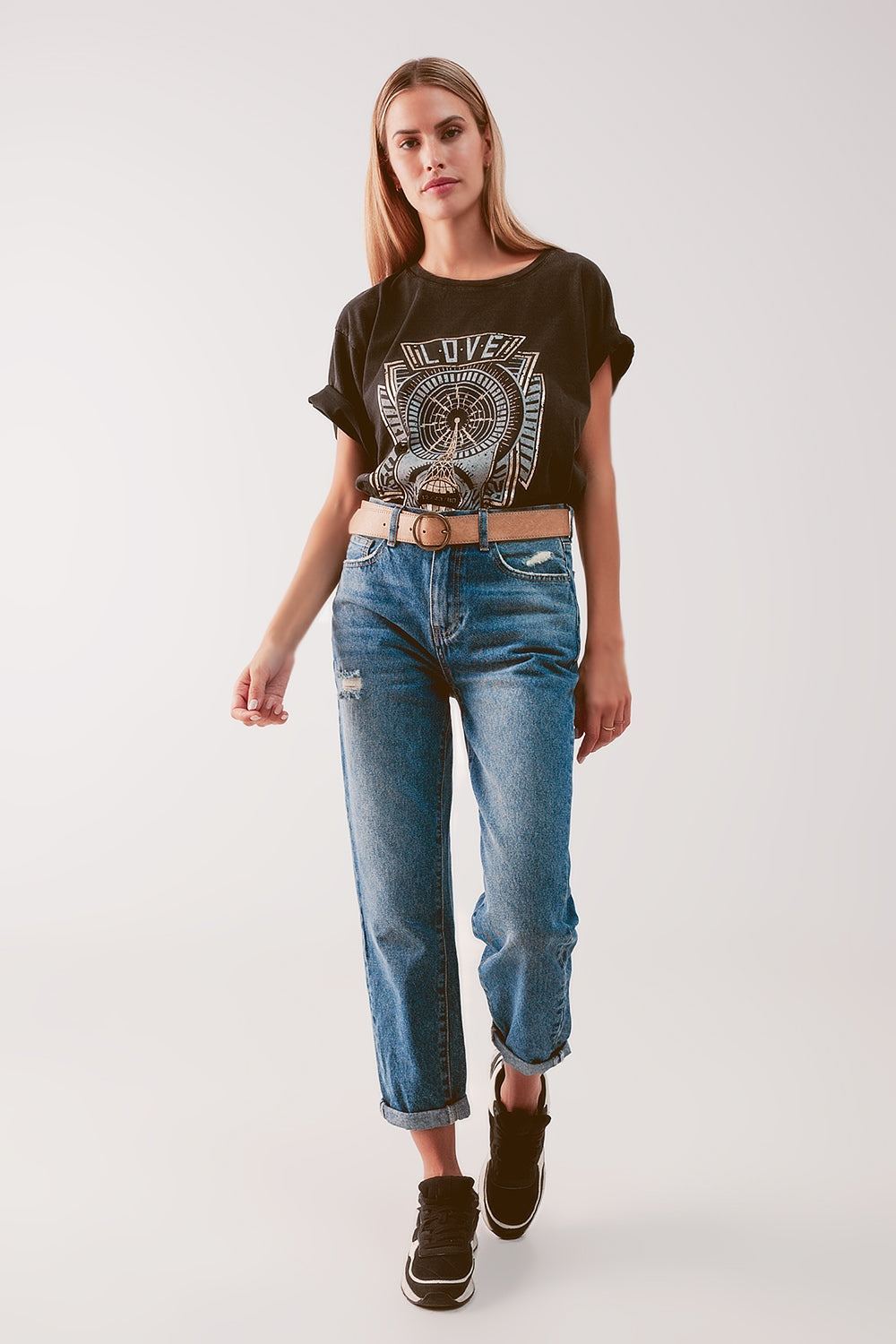 High waist jean with thigh slash in midblue | Just Cool Beans