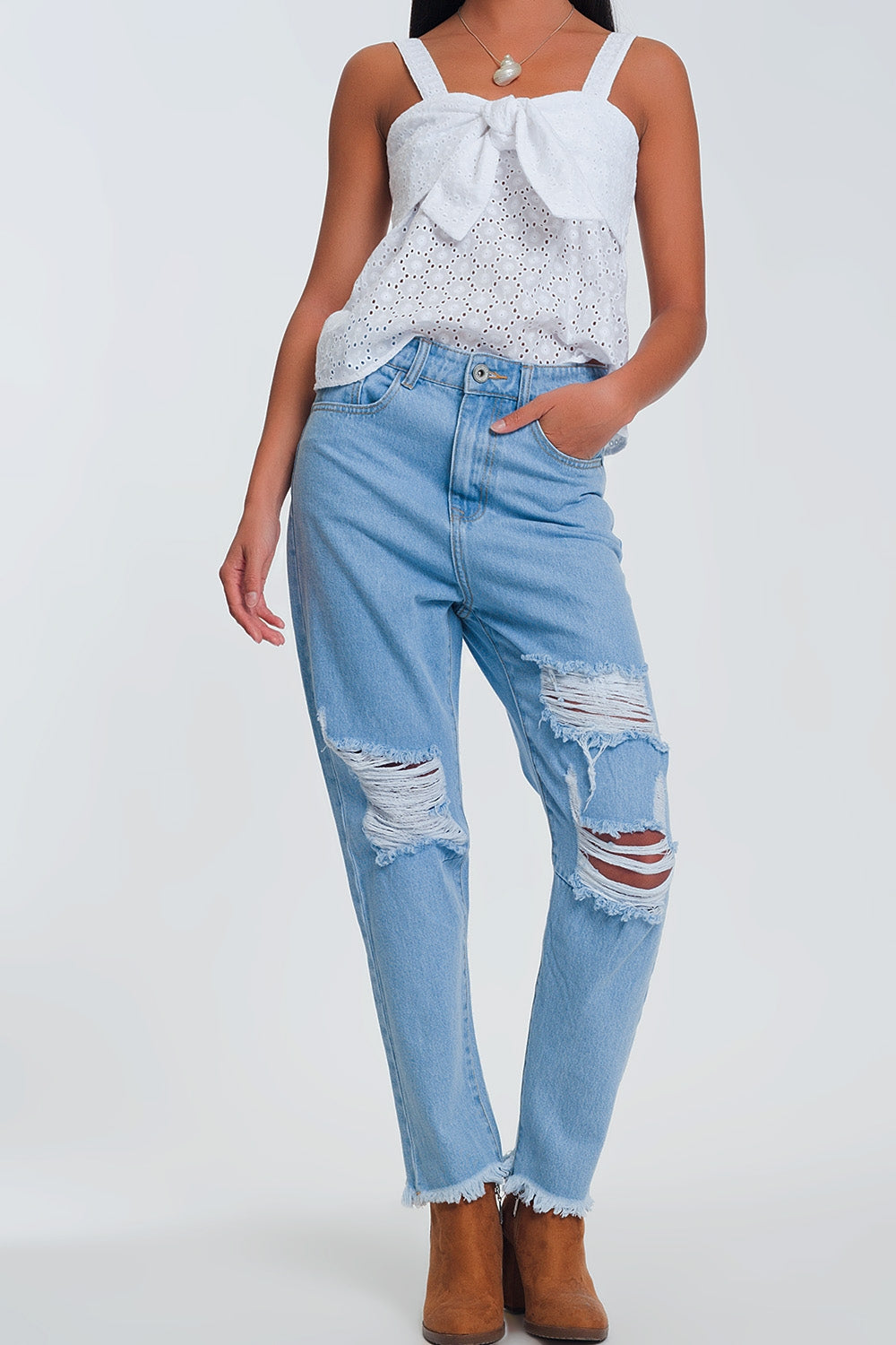 High waist mom jeans with busted knees in light denim | Just Cool Beans — jeans | the denim shop