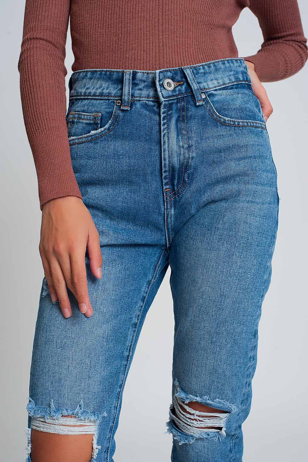 High waist mom jeans with ripped knees in dark wash blue | Just Cool Beans — jeans | the denim shop