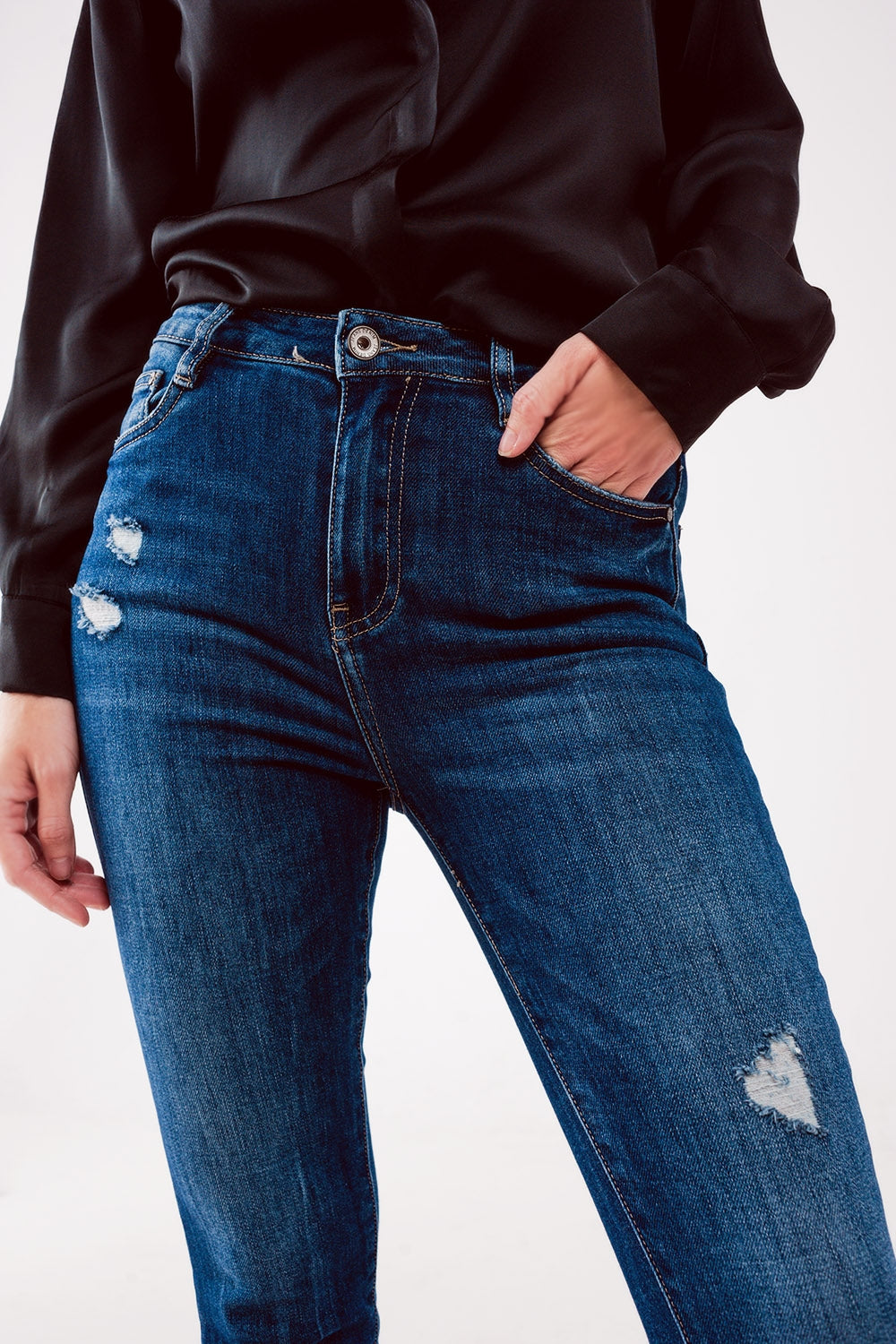 High waist ripped skinny jeans in midwash blue | Just Cool Beans