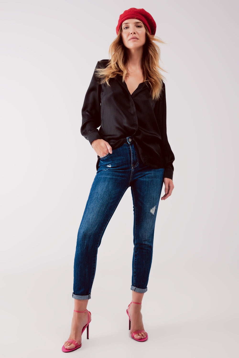 High waist ripped skinny jeans in midwash blue | Just Cool Beans