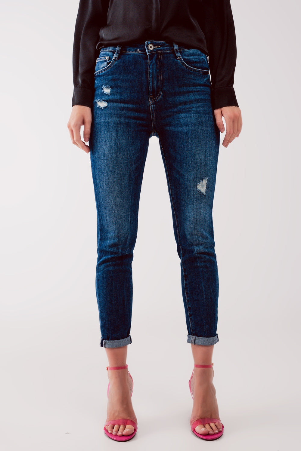 High waist ripped skinny jeans in midwash blue | Just Cool Beans