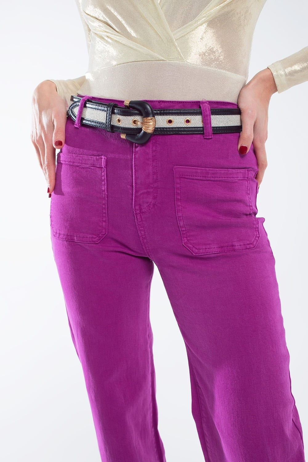 High waisted front pockets flare jeans in magenta | Just Cool Beans — jeans | the denim shop