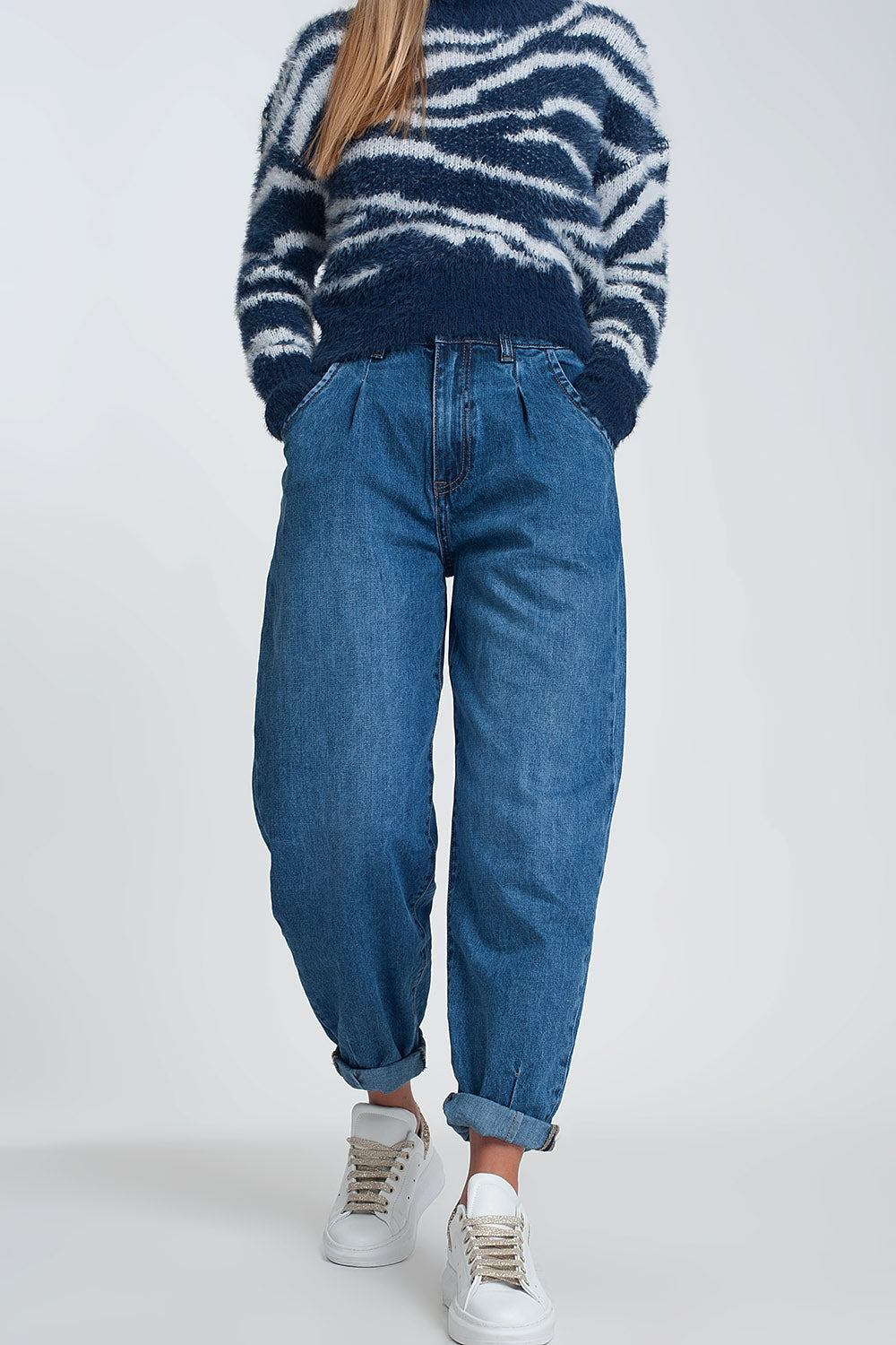 High waisted mom jeans with two ruffles in the waistline in dark wash blue | Just Cool Beans — jeans | the denim shop