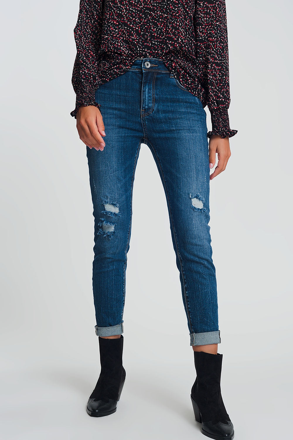 High waisted skinny jeans in dark wash blue with ripped details | Just Cool Beans — jeans | the denim shop