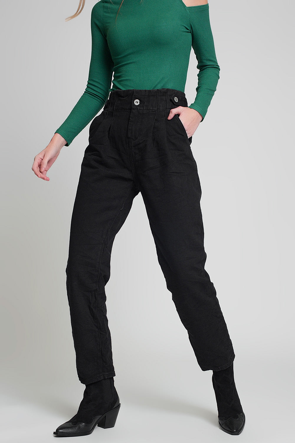 Jeans with paper bag waist and button details in black | Just Cool Beans — jeans | the denim shop