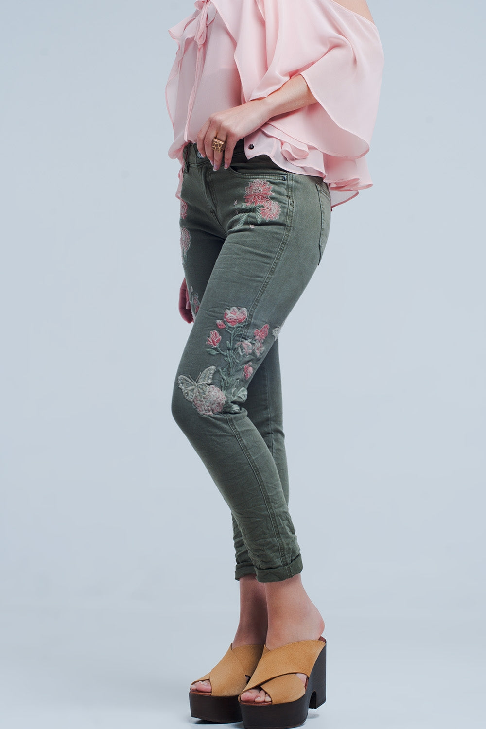Khaki jeans with embroidered flower | Just Cool Beans — jeans | the denim shop