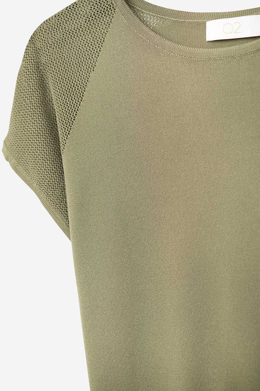 Khaki Short Sleeve Sweater with Knitted Mesh on the Shoulder