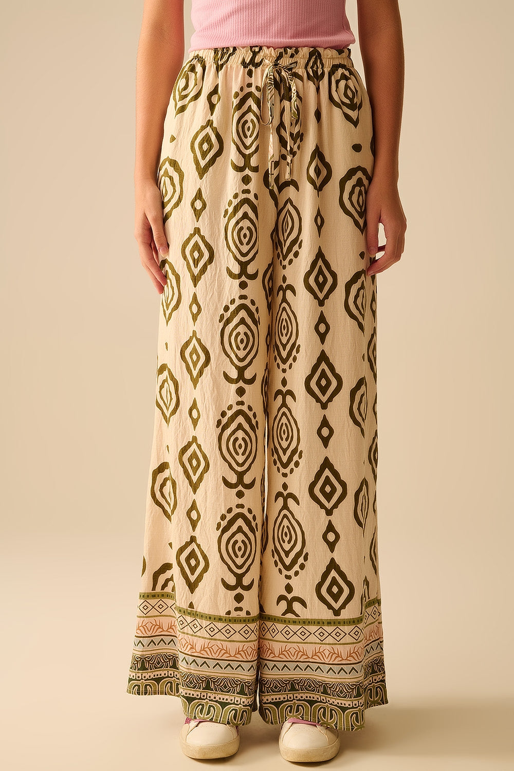 Khaki wide leg boho print pants | Just Cool Beans — pants | bottoms