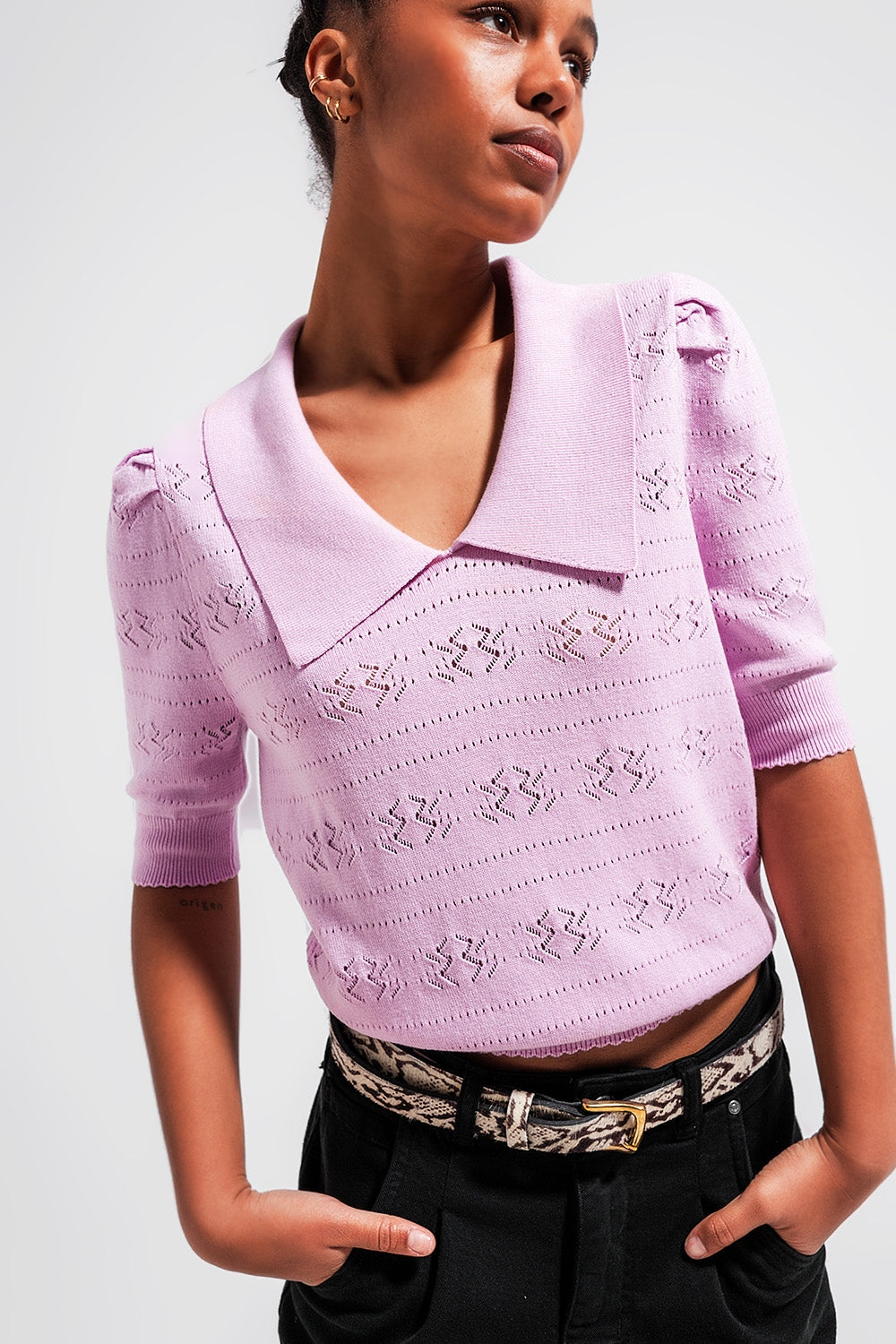 Knitted pointelle polo neck jumper in pink | Just Cool Beans — sweaters | tops