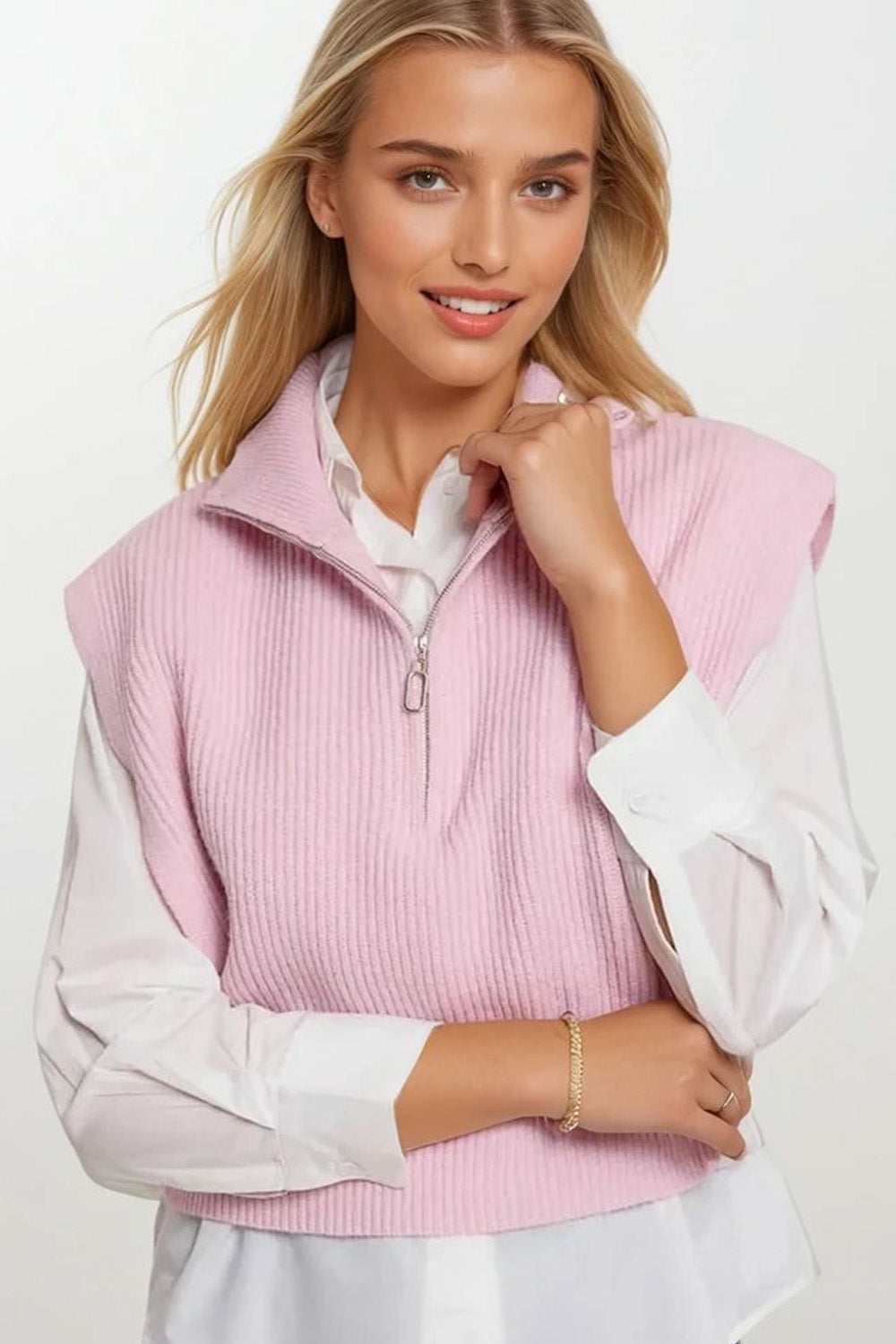 Knitted vest with high half-zip collar and large armholes in pink | Just Cool Beans — sweaters | tops