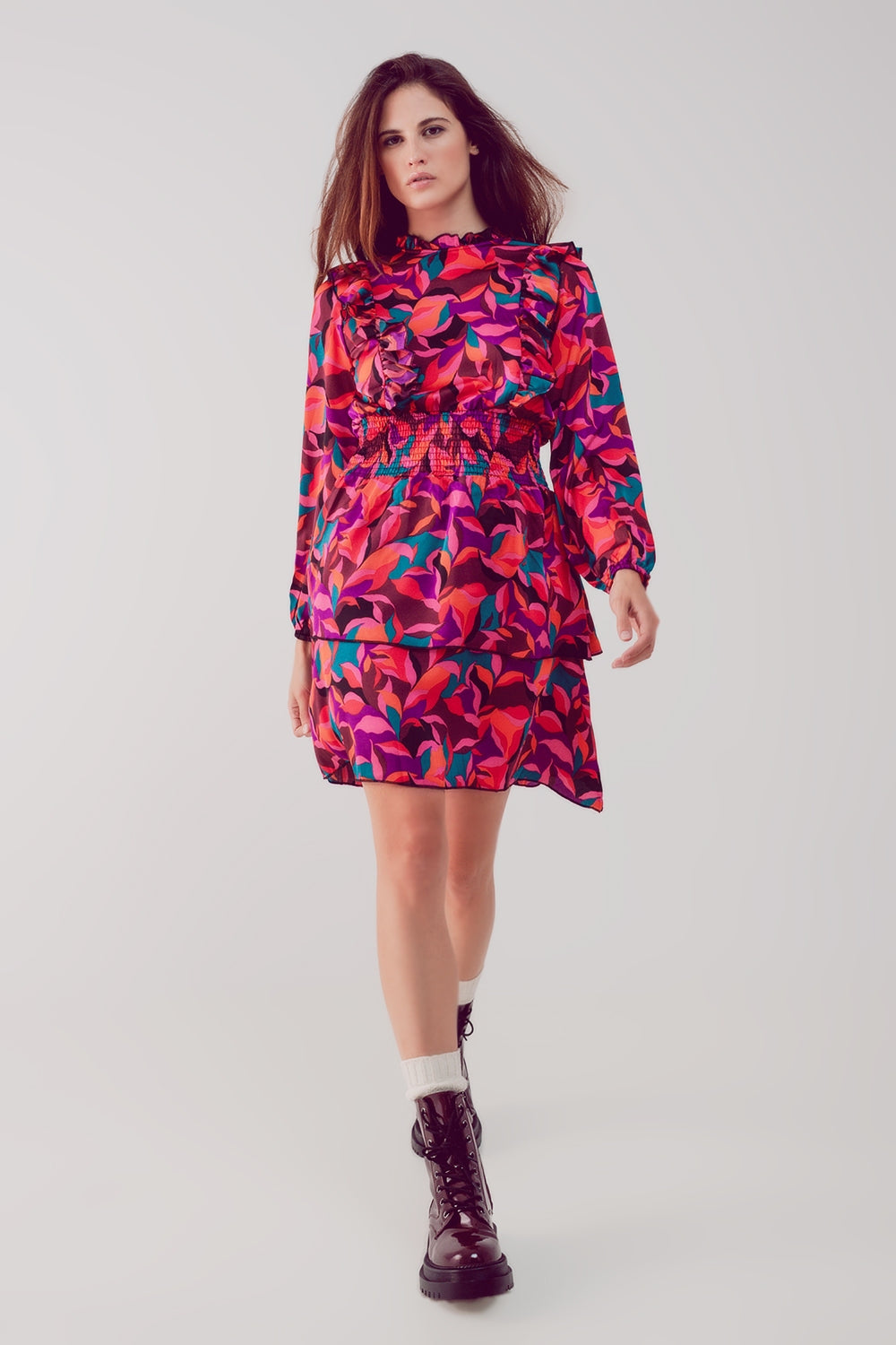Layered frill mini dress in fucshia floral | Just Cool Beans — dresses