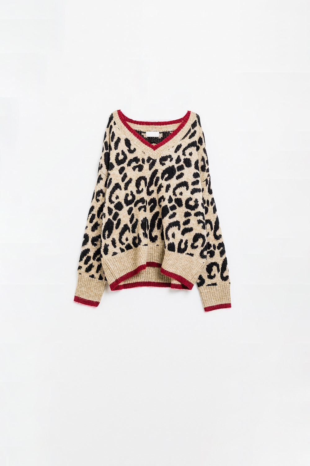 Leopard v-neck sweater with red line detail | Just Cool Beans — sweaters | tops