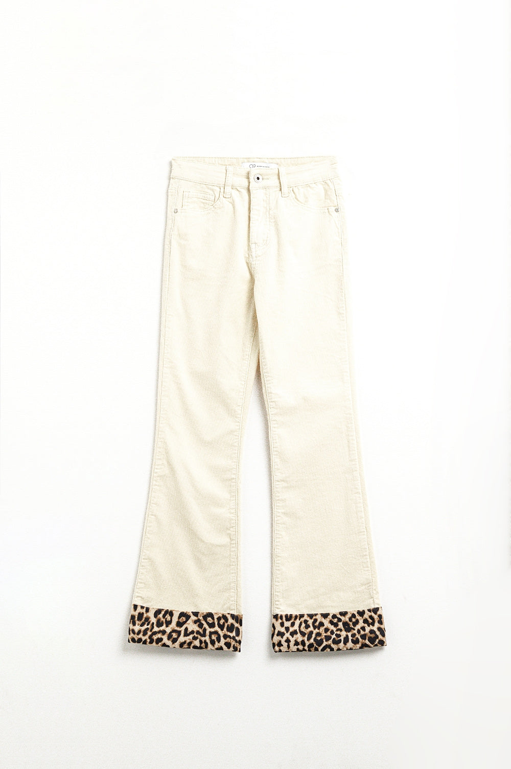Light beige corduroy flare pants with leopard print at the bottom | Just Cool Beans — pants | bottoms
