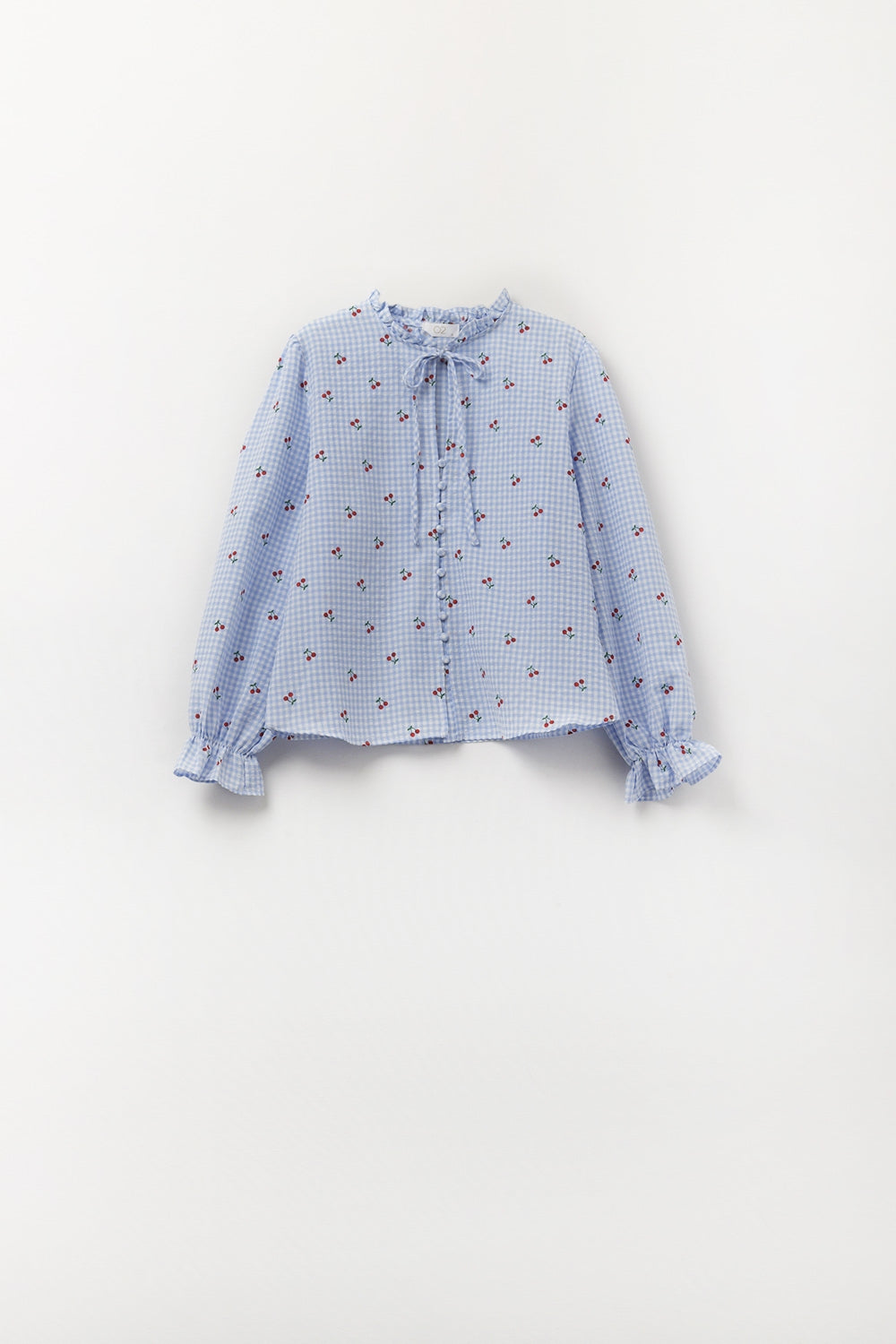 Light blue blouse with cherry details and tied bow | Just Cool Beans — shirts | tops
