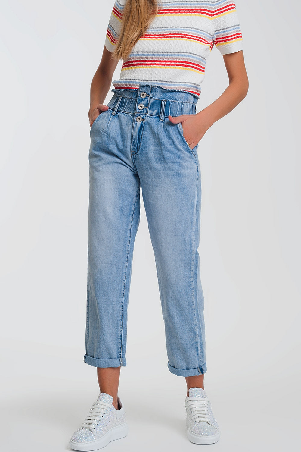 Light denim straight jeans with big waistband detail | Just Cool Beans — jeans | the denim shop