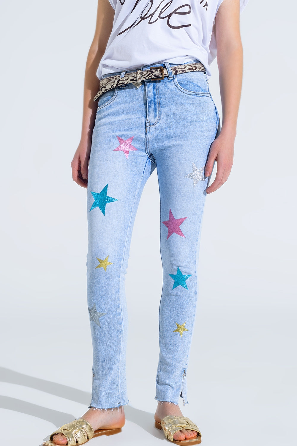 Light wash skinny jeans with stars on the legs | Just Cool Beans — jeans | the denim shop