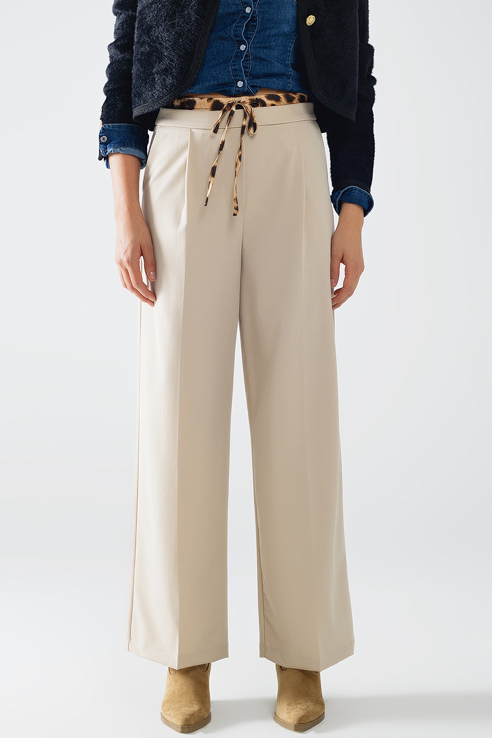 Long beige pleated trousers with leopard detail at the waist | Just Cool Beans — pants | bottoms