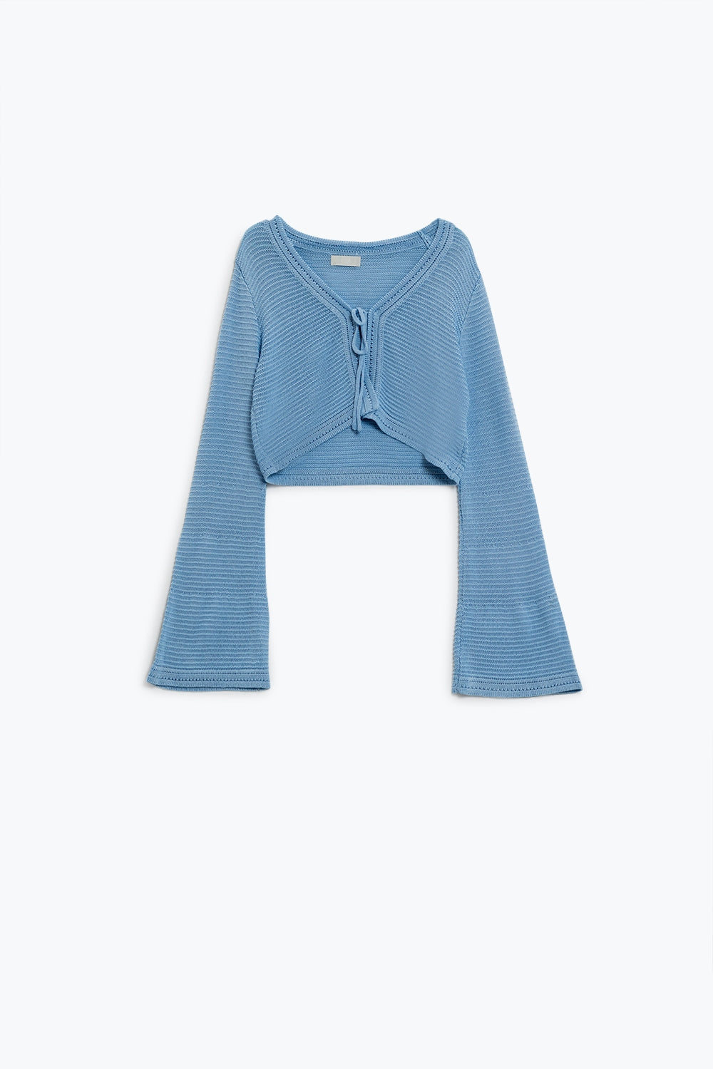 Long bell sleeve knitted cardigan in blue with knot detail | Just Cool Beans — sweaters | tops