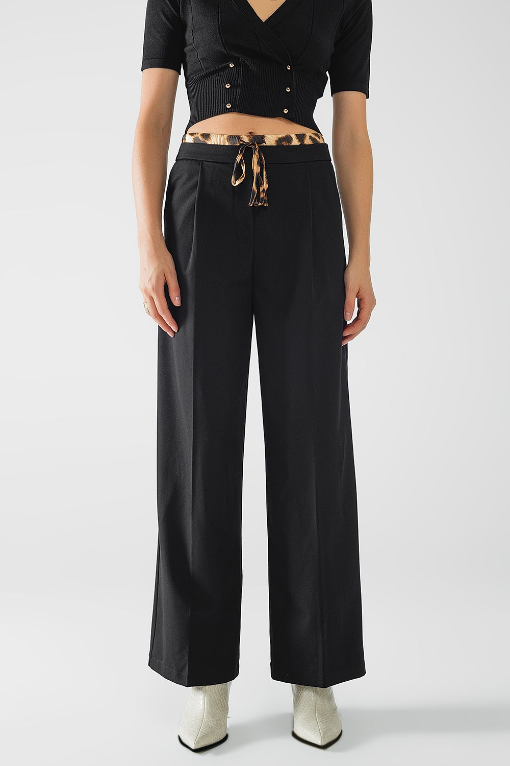 Long black pleated pants with leopard detail at the waist | Just Cool Beans — pants | bottoms