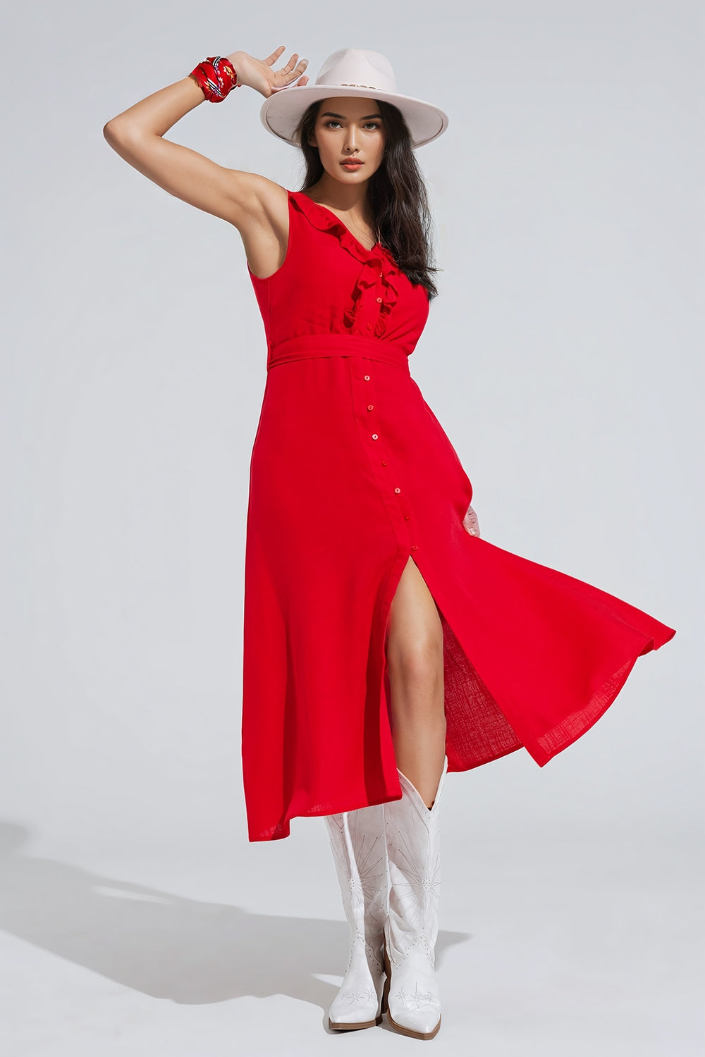 Long red dress with ruffle and button detail | Just Cool Beans — dresses