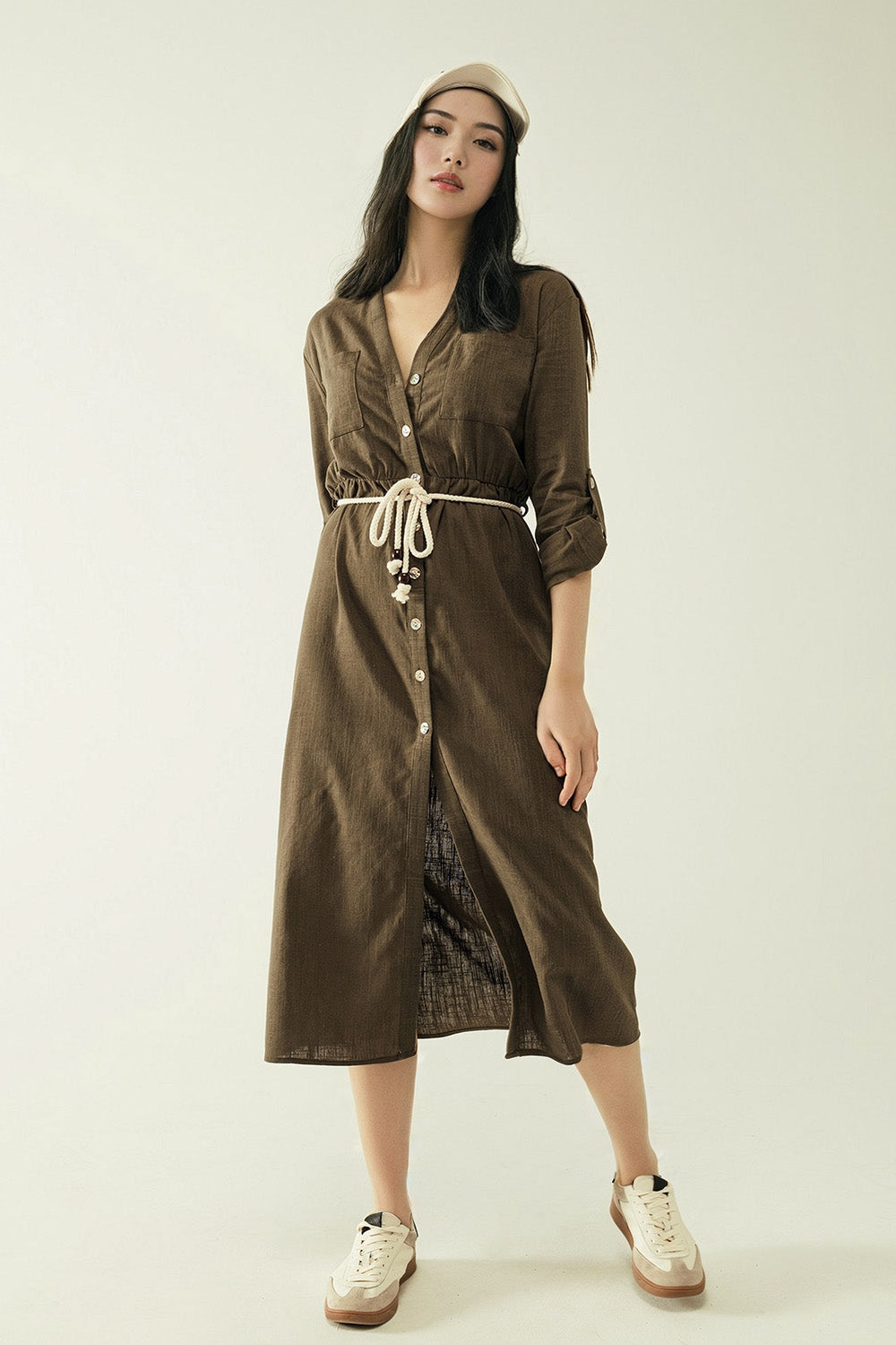 Long sleeves khaki shirt dress with button closure | Just Cool Beans — dresses