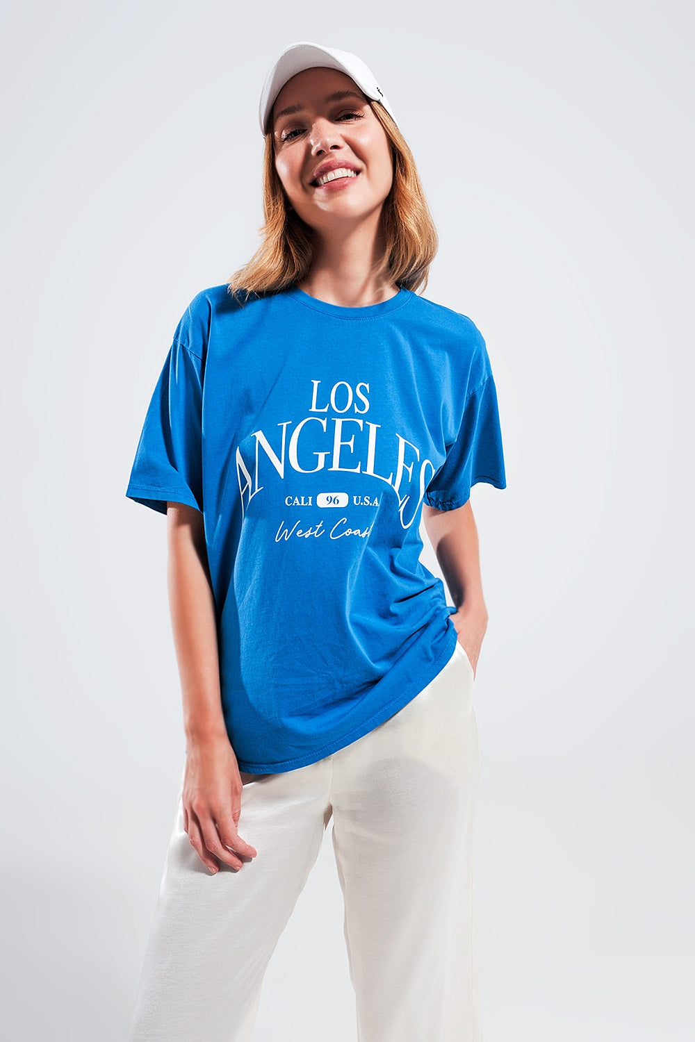 Los angeles slogan t shirt in blue | Just Cool Beans — tops