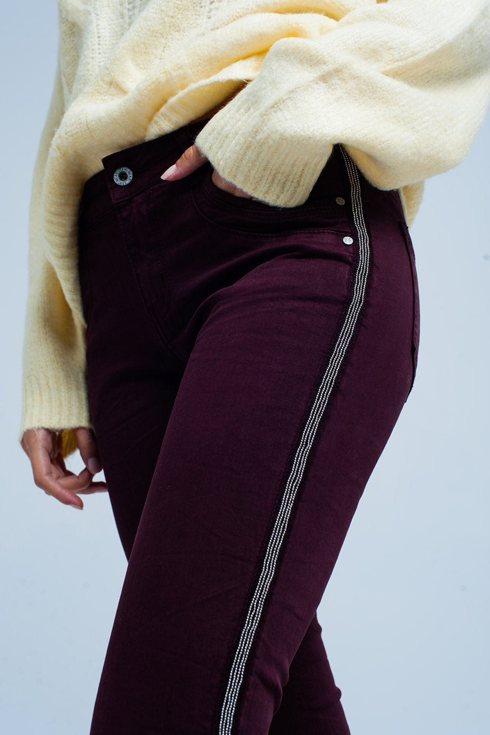 Maroon skinny jeans with metal side stripe | Just Cool Beans — jeans | the denim shop