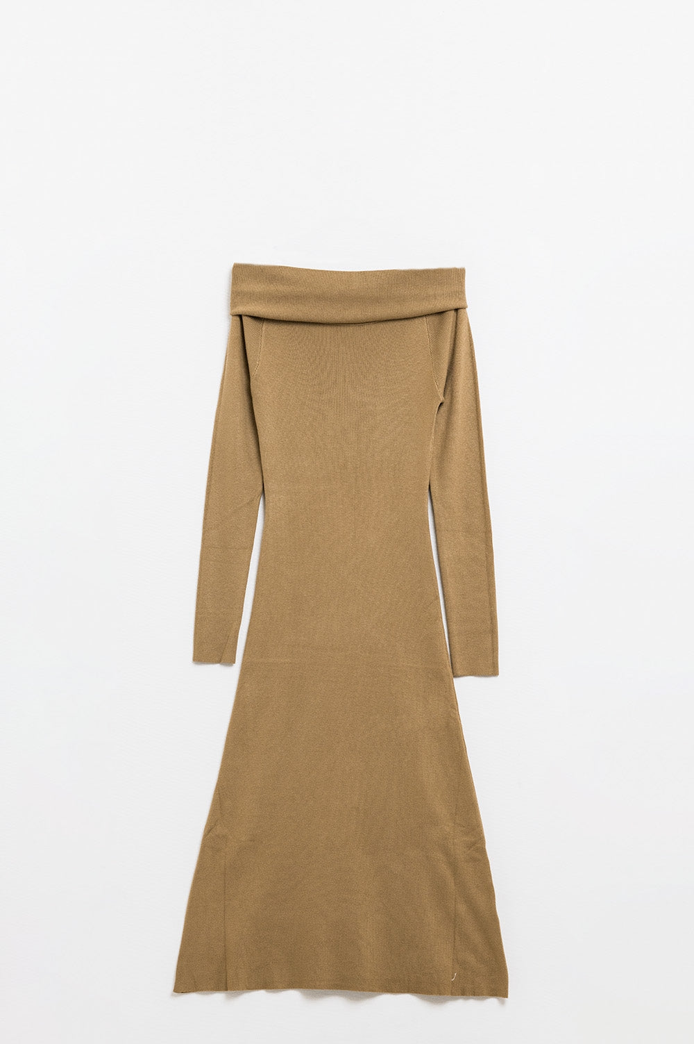Maxi knitted wide bardot dress in camel | Just Cool Beans — dresses