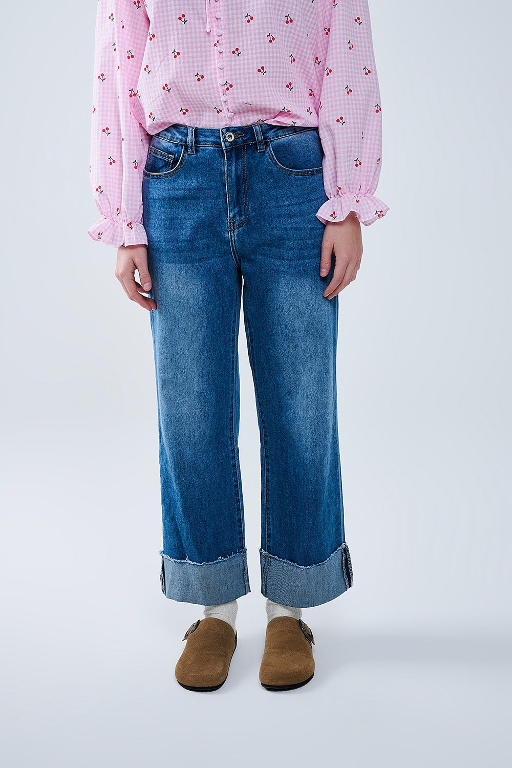 Medium wash straight fit on cuffed hem jeans | Just Cool Beans — jeans | the denim shop