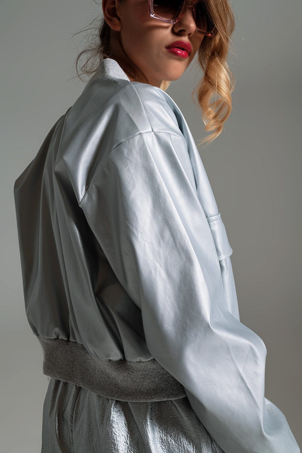 Metallic bomber jacket with front pockets in silver | Just Cool Beans
