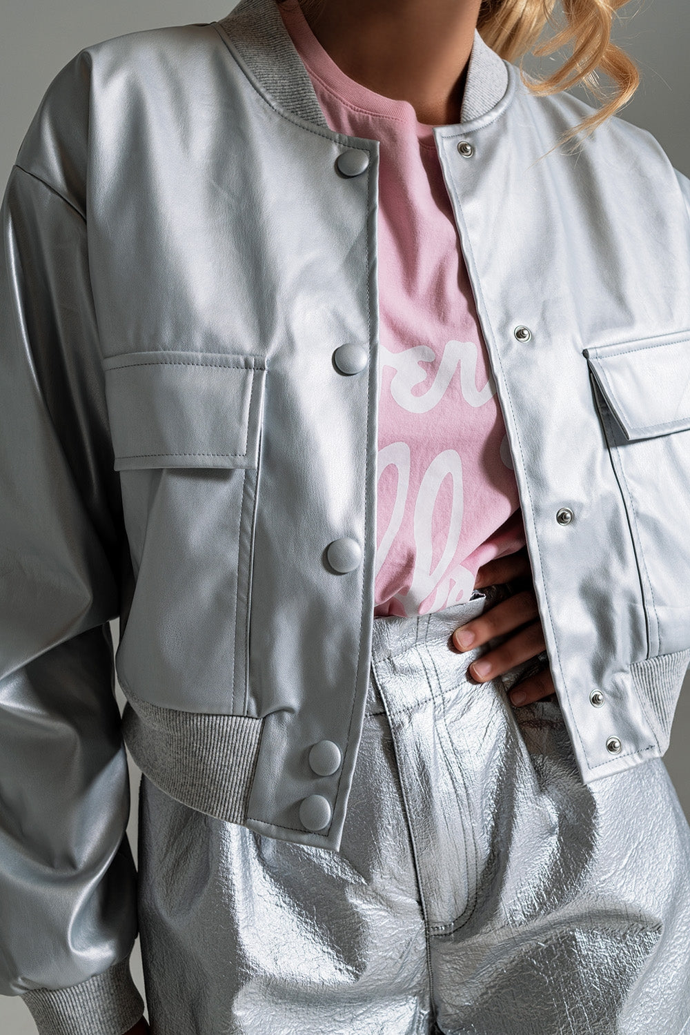 Metallic bomber jacket with front pockets in silver | Just Cool Beans