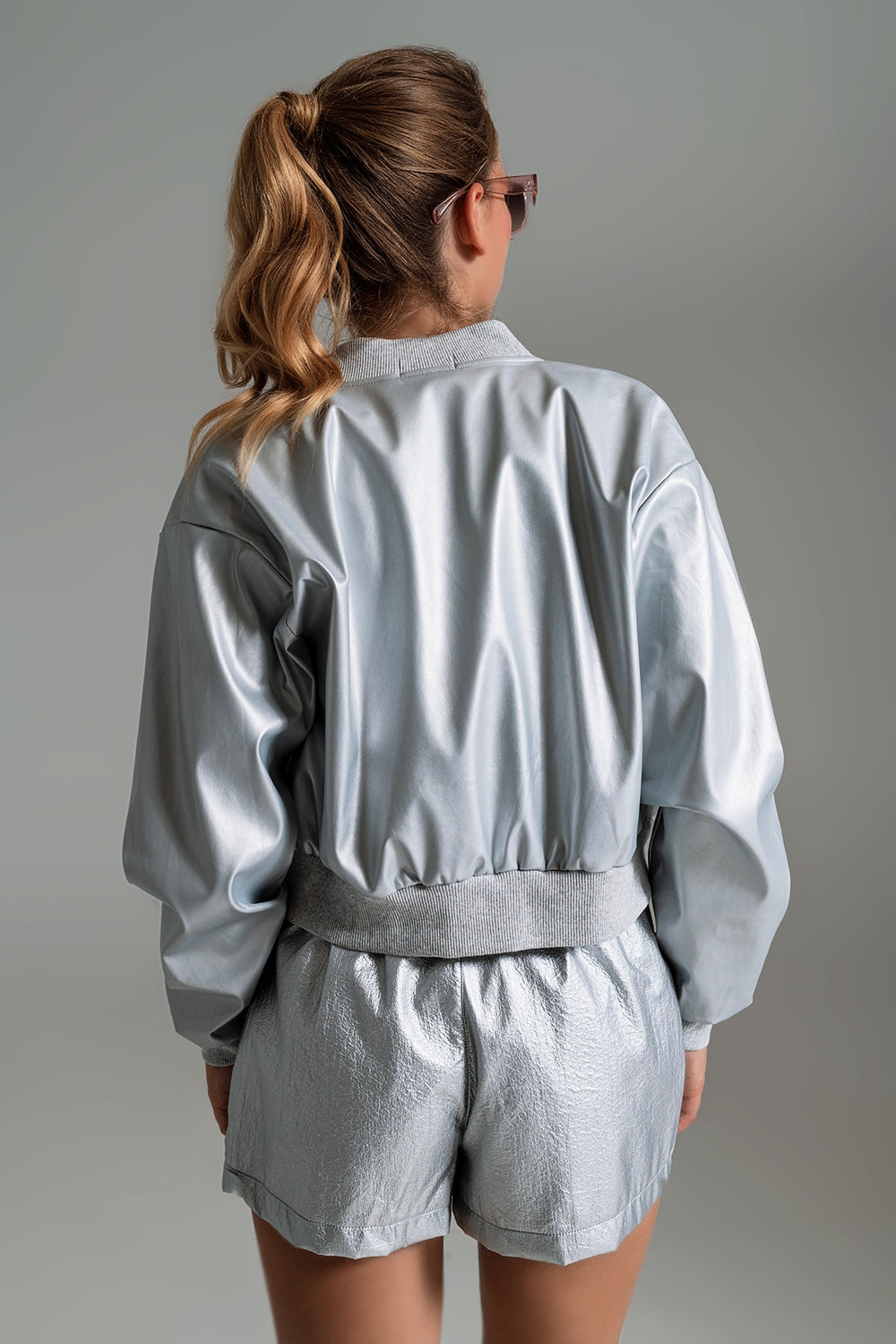 Metallic bomber jacket with front pockets in silver | Just Cool Beans