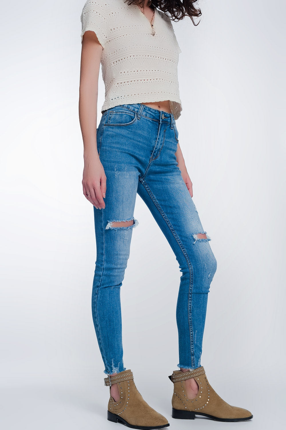 Mid denim super skinny jeans with holes in the knees | Just Cool Beans — jeans | the denim shop