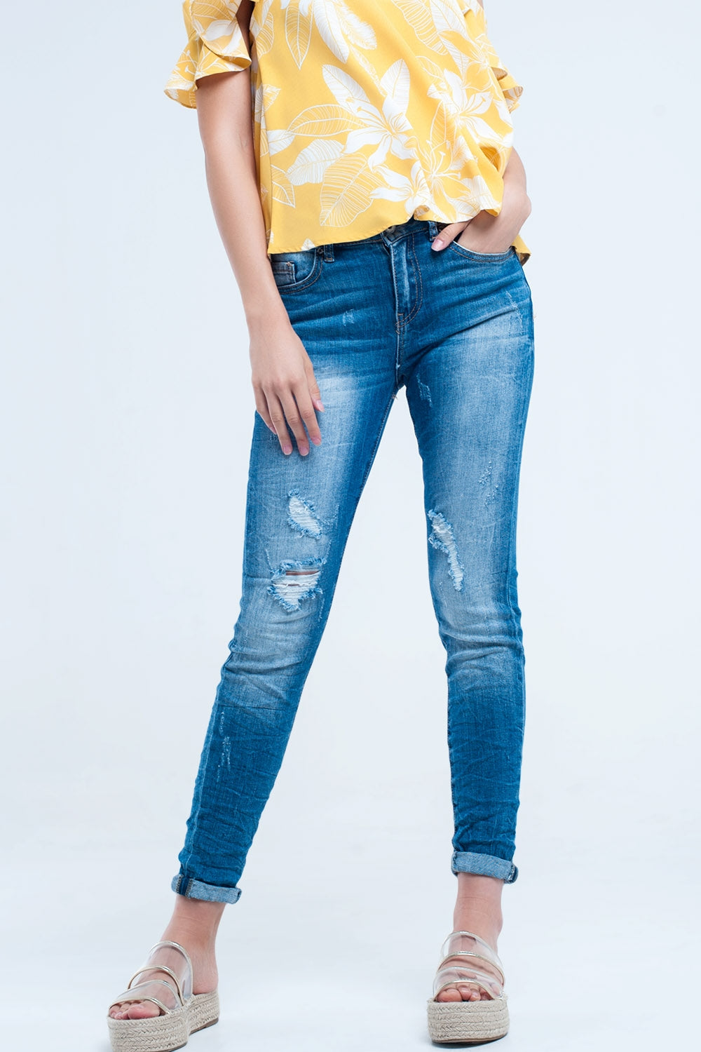 Mid wash fitted jeans with rips | Just Cool Beans — jeans | the denim shop