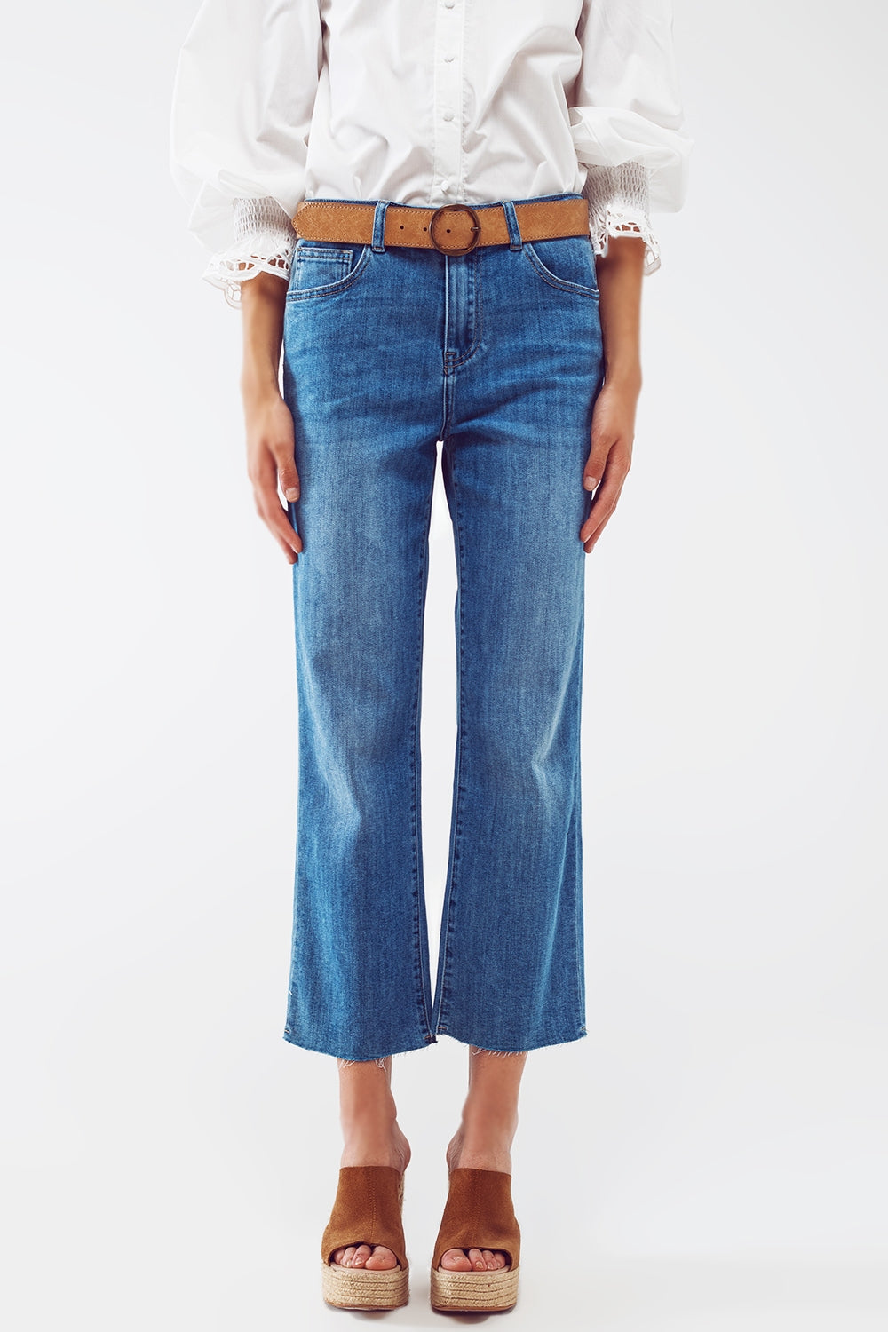 Mid wash straight jeans with raw hem in blue | Just Cool Beans — jeans | the denim shop
